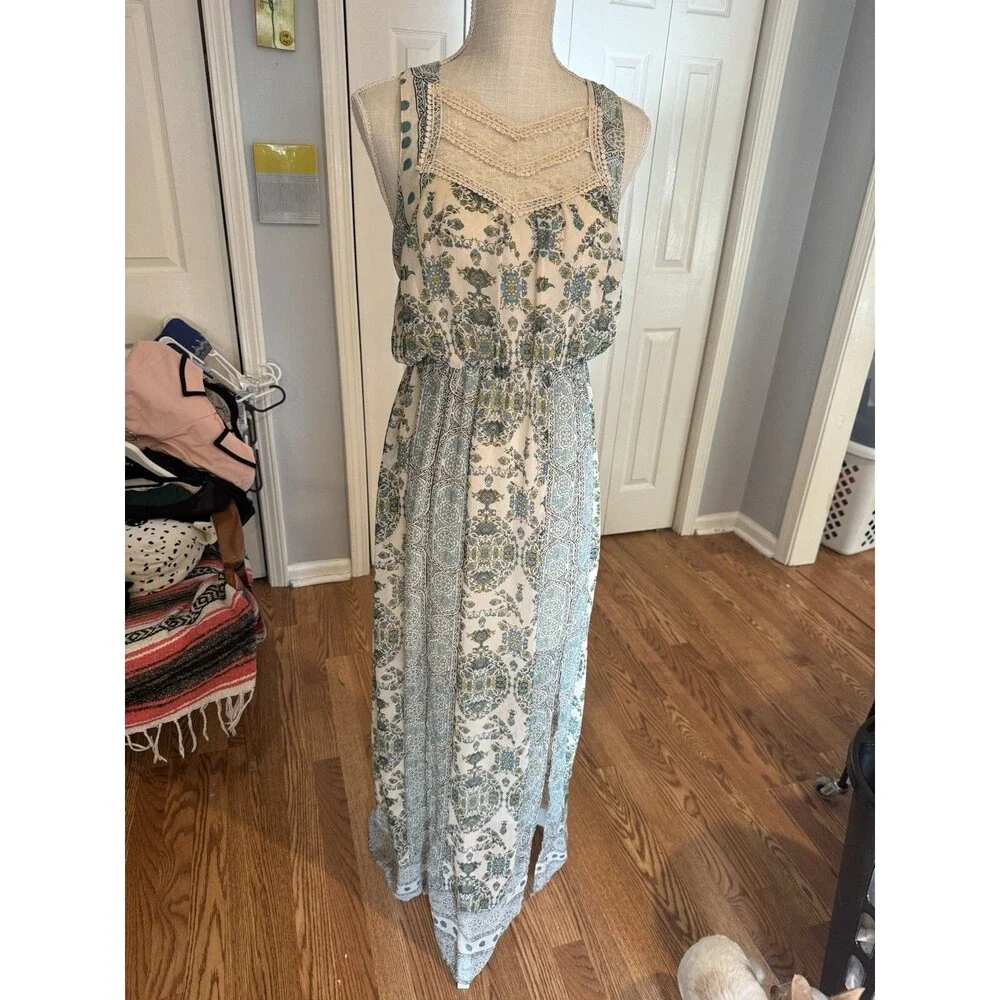 Free People  Green Teal Ivory Moroccan Printed Maxi Dress  Size 4 Cottage Core